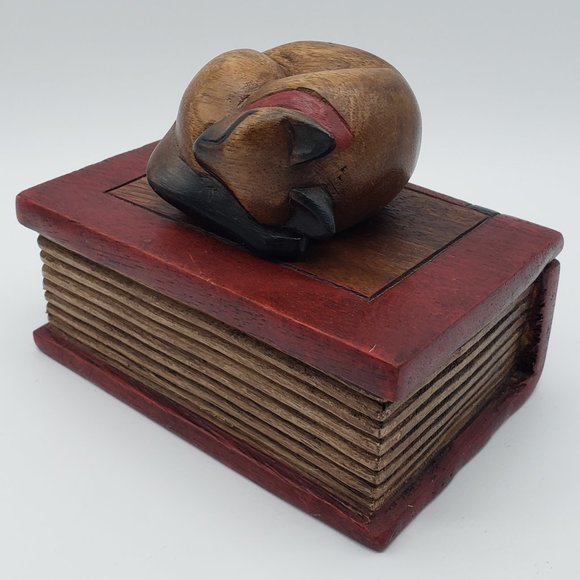 Handcrafted Wood Sleeping Cat on Book Trinket Box - Picture 7 of 14